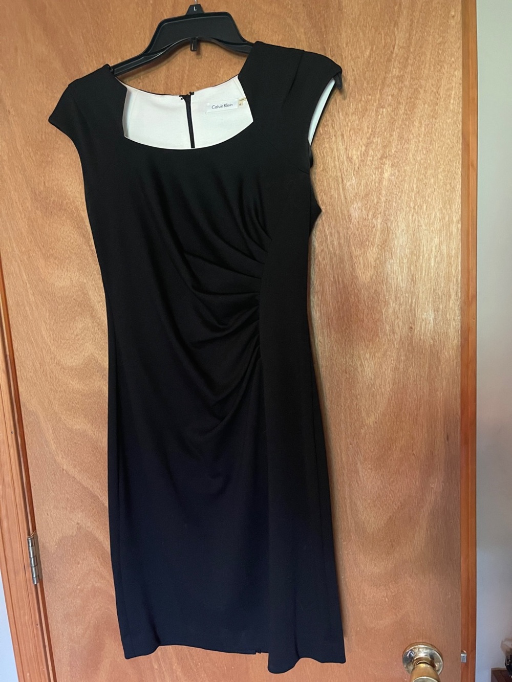 Calvin Klein Black Cap Sleeve Sheath Dress with Side Ruching